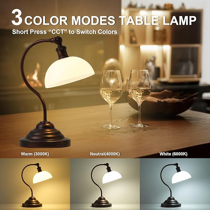Cordless LED Table Lamp, 180° Swing Arm Desk Lamp, Rechargeable, Dimmable/3 Color/Memory Function, Vintage Rechargeable Table Light for Living Room,Bedroom,Bedside, Oil Rubbed Bronze