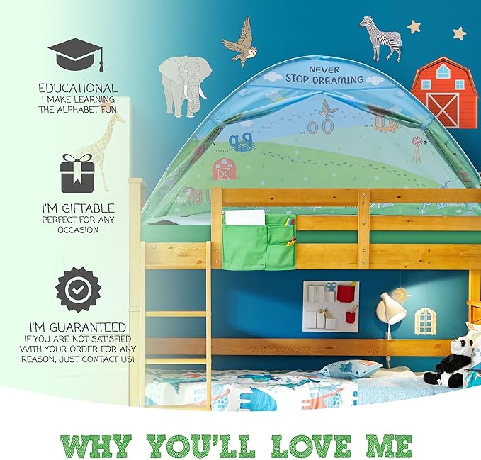 Animal Twin Bed Tent for Kids Indoor Fort - Magical Dream Tents for Boys Pop Up Toddler Bed Canopy for Girls Bunk Bed Tent for Top Bunk - Sensory Sleep Pod for Kids Educational