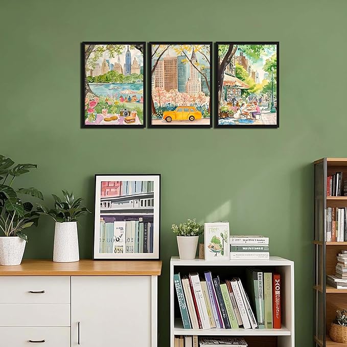 MUWAK Framed New York City Canvas Wall Art Set of 3 – Colorful NYC Skyline Central Park Yellow Taxi Posters, Modern Urban Landscape Wall Decor for Living Room Bedroom Office – 12x16in