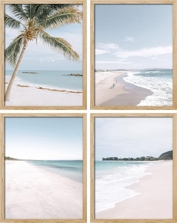 SIGNWIN Framed White Beach Shore Tropical Palm Tree Island Wall Art, Set of 4 Landscape Colorful Wall Decor Prints, Nature Wilderness Wall Décor for Living Room, Bedroom - 8"x10" Natural