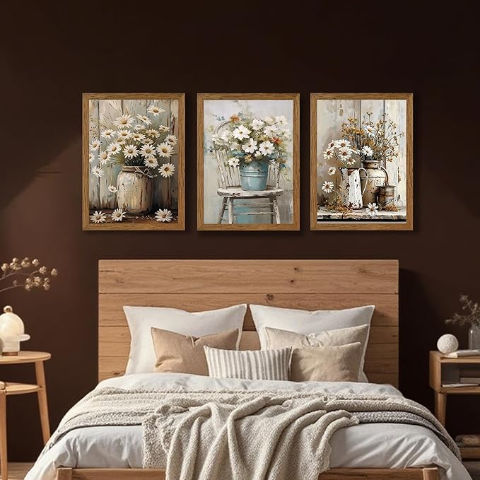 DUWQU 3 Piece Framed Elegant Farmhouse Canvas Wall Art, Vintage Floral Pictures Art Wall Decor, Nature Themed Daisy Art Prints for Living Room Bedroom Kitchen and Office Ready to Hang 16×24 Inches