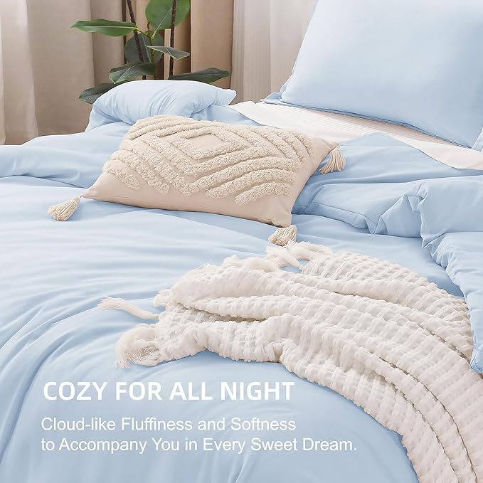 Litanika Comforters Light Blue Queen Size, 3 Pieces Lightweight Solid Bedding Comforter Set, All Season Fluffy Bed Set (90x90In Comforter & 2 Pillowcases)