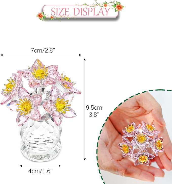Pink Crystal Flower Ornament with Base Flower Figurine Collections Glass Flowers Bouquet Gift for Women Crystal Christmas Decoration for Home