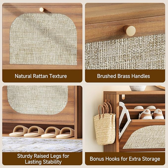 Nicetree Freestanding Arched Rattan Accent Ultra Slim Shoe Cabinet for Entryway - 4 Flip Drawers & 3-Tier Adjustable Shelves, Farmhouse Modern Rustic Shoe Rack for Hallway, Foyer, Living Room