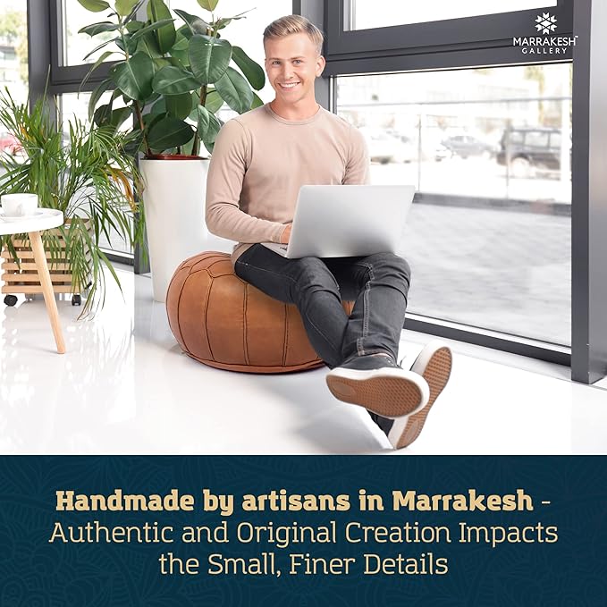 Marrakesh Gallery Genuine Leather Round Pouf Unstuffed - Moroccan Ottoman Footstool, Footrest Cover - Boho Decor - Bohemian Living Room, Bedroom, Kids Room, Gift & Wedding