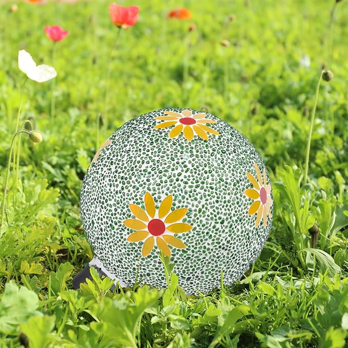 Gazing Ball 8 Inch Flower Glass Mosaic Garden Globe Outdoor Gazing Globe Yard Ornament for Garden Yard Home Lawn Outdoor Decoration Gift for Women (Not Solar Powered)
