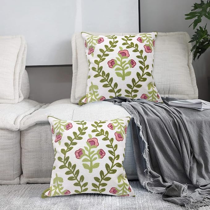 Alysheer Floral Embroidered Summer Decorative Throw Pillow Covers 18"x 18" Set of 2, Farmhouse Cottage Pink Flowers Green Leaves Knit Pattern Cotton Canvas Cushion Case for Sofa Couch Bed Living Room