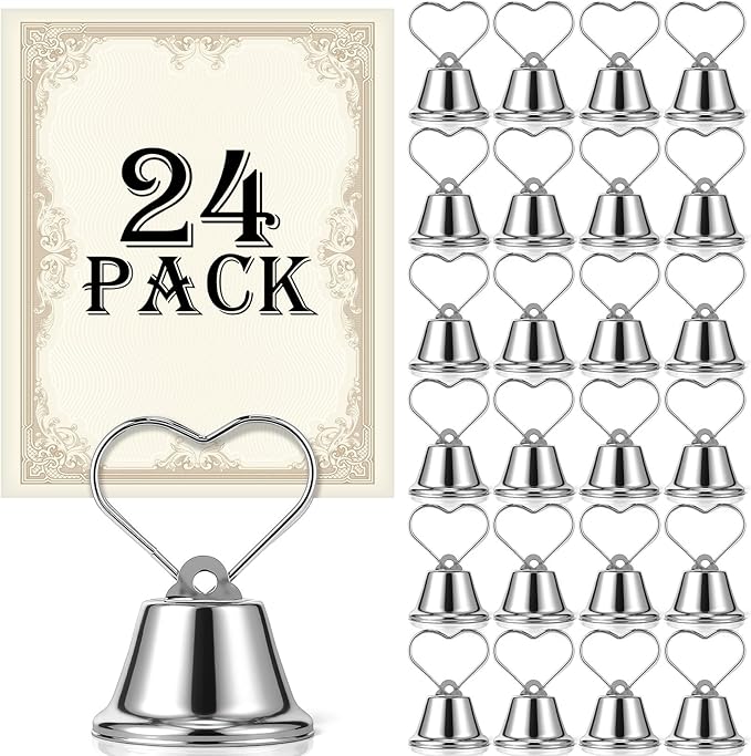 24 Pcs Table Number Holders Place Card Holders for Table 2 Inch Ring Clip Bell Number Holder Metal Picture Holder for Wedding Christmas Restaurant Home Photo Office Memo(Silver,Heart)