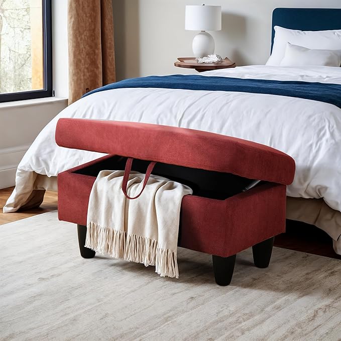 Ottoman Rectangular Storage Ottoman Bench, Flannel Footrest Stool Footstool with Lid for Living Room, Bedroom, Entryway, Red, 28.5"x19"x17.5"