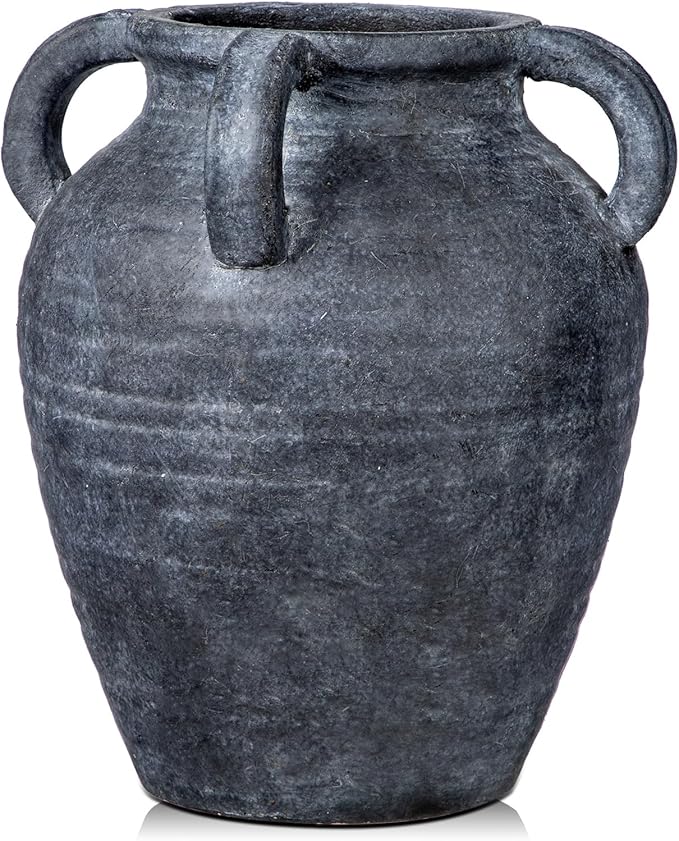 Handmade Flower Vase, 9.8" Tall Terracotta Vase, Vintage Ceramic vase, Rustic Antique Decor with 4 Handles, Wide Mouth, Matte Finish for Home Office Resto Café Décor