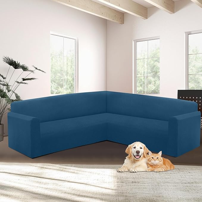 HDCAXKJ Sectional Couch Cover L Shape Stretch Sofa Covers Washable Jacquard Corner Couch Slipcover Non Slip Sectional Slip Cover U Shaped Furniture Protector for Pets Dogs (Dark Blue, X-Large)
