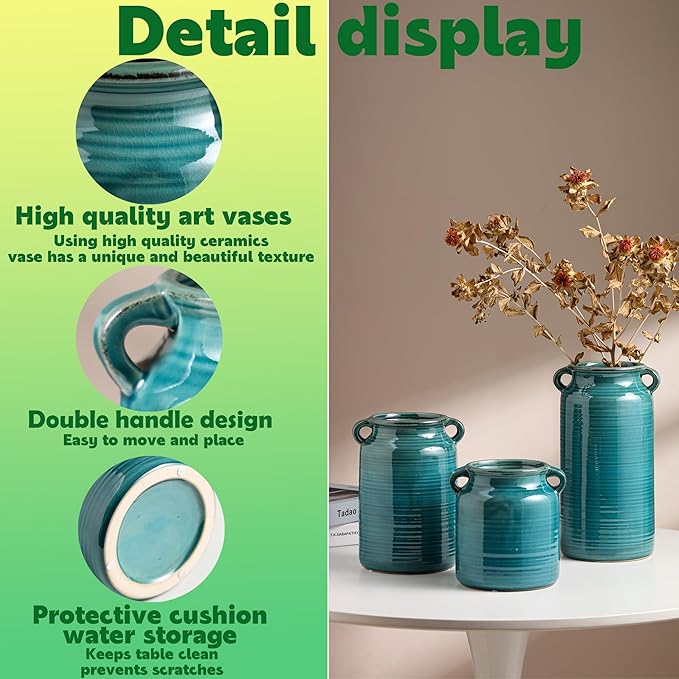 Ceramic Rustic Distressed Green Flower Vase for Centerpieces, Kitchen, Office or Living Room (5.9''x6.3'')