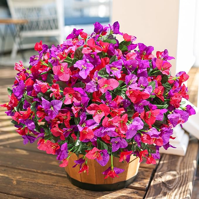 Ivydale Artificial Fake Flowers Faux Plants for Outdoors, 4 Bundles Fake Silk Bougainvillea Flower Look Real UV Resistant Flowers for Planter Patio Porch Window Yard Balcony Home Decor(PurpleHotpink)