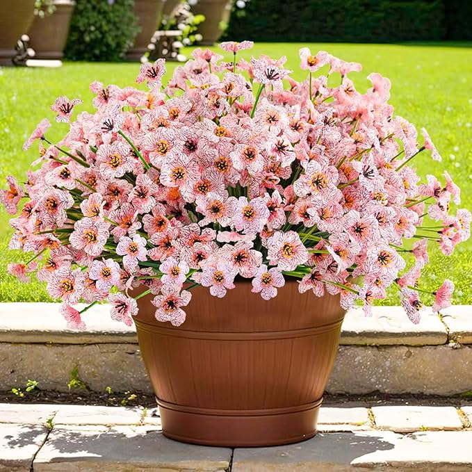 Krissing 48 Bundles Outdoor Artificial Flowers UV Resistant Fake Silk Flowers Faux Plastic Plants Outside Garden Porch Window Box Summer Decoration (Pink)