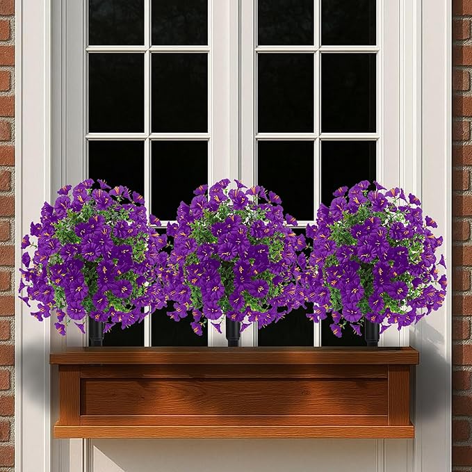 22.8" Set of 2 Fall artificial Boxwood topiary Ball tree for outdoors with Spike,UV Resistant Faux Shrubs Outdoor with morning glory flowers,Faux Plants Bushes for Garden Porch Yard Patio Decor Purple