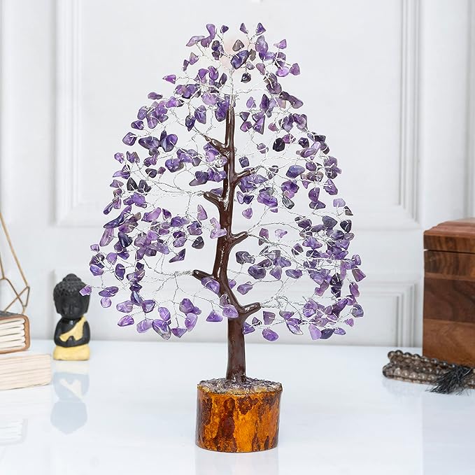 Crocon Amethyst Gemstone Tree Feng Shui Figurine Money Bonsai Good Luck Chakra Balancing Reiki Healing Crystals Decoration Ornament Sculpture Prosperity Table Decor Gift Size 10-12\