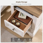 Farmhouse Nightstand with Charging Station, 18" End Table with 2 Drawers Storage, Wood Side Table w/Roman Column, Bedside Cabinet for Bedroom, Living Room, Antique White