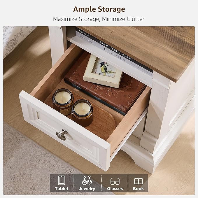 Farmhouse Nightstand with Charging Station, 18" End Table with 2 Drawers Storage, Wood Side Table w/Roman Column, Bedside Cabinet for Bedroom, Living Room, Antique White