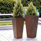 WORTH Garden Large Metal Planter Set of 2 (25" & 28" H.), Matte Bronze Retro Finish Tall Square Tapered Steel Plant Pots, Decor Flower Pot Indoor & Outdoor, Drainage Hole & Dual-Purpose Plant Saucer