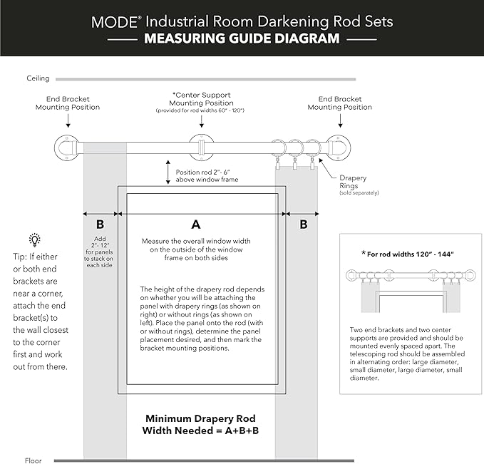 MODE Industrial Room Darkening Collection 1 1/8” diameter Industrial Curtain Rod Set with Steel Wall Mounted Expandable Curtain Rod, Blocks Light, Fits 72” to 144” Windows, Matte Black
