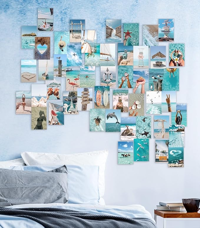 Y2K BOO Summer Beach Aesthetic Wall Collage Kit – 50 Ocean Blue & Sky Blue Photos, 4"x6" Prints for Teen Girls Dorm Room Decor, Beach Activities & Ocean Moments, Ideal Gift for Birthday & Graduation