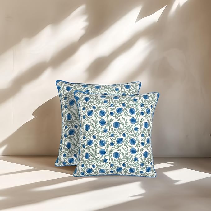 Ridhi Queen Blue Block Print Preppy Grandmillennial Pillow Cover Set of 2-18" x 18" Throw Pillow for Home White Floral Pillow Cover Grandmillennial Home Decor Thanksgiving