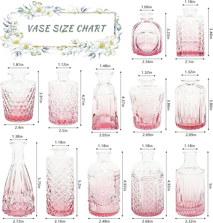 12Pcs Glass Bud Vase Set, Small Flower Vase for Centerpieces, Pink Bud Vases in Bulk, Mini Vintage Vase for Rustic Wedding Decorations