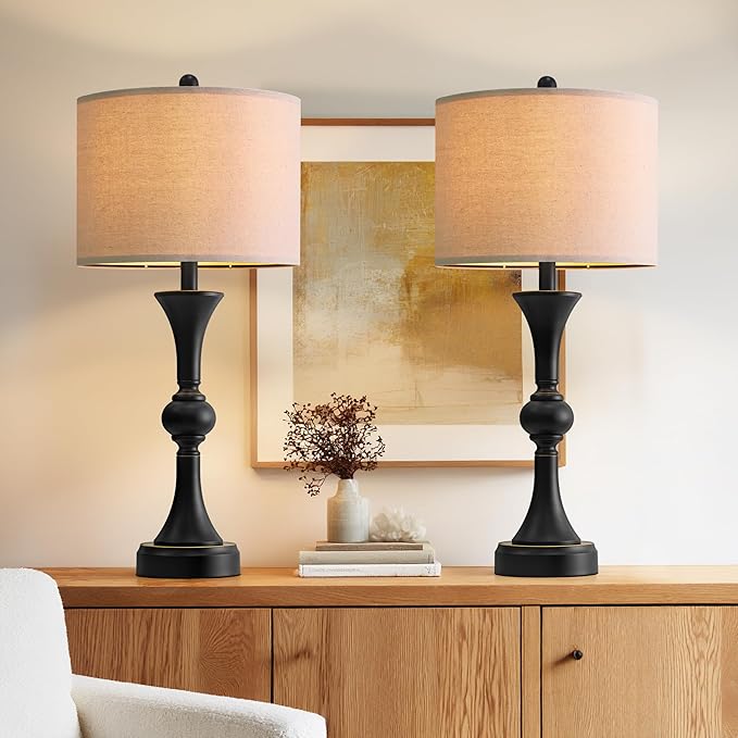 Table Lamps Set of 2, 28" Tall Bedside Table Lamp for Living Room, Bedroom, End Table Lamps with USB A+C Charging Ports, Modern Nightstand Lamps, Matte Black Finish, Farmhouse