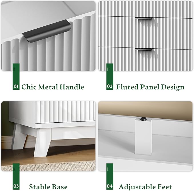 Fluted Dresser with 6 Drawers, 54" Wide Modern Chest of Drawers with Metal Handle, Wooden Dresser TV Stand, Wood Closet Clothes Storage Organizer for Bedroom, Living Room, Hallway, Solid White