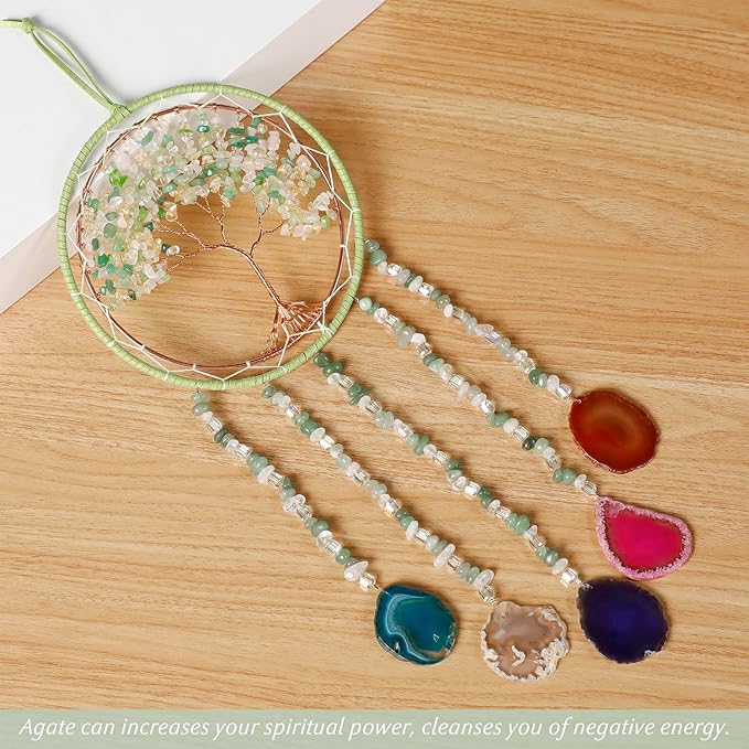 Agate Gemstone Dream Catcher 7 Chakras Sycamore Tree of Life Dream Catcher with Healing Crystal Stones Handmade Dreamcatcher Wall Decor for Adults Boys Girls,Bedroom,Wedding,Garden,Bless Gift