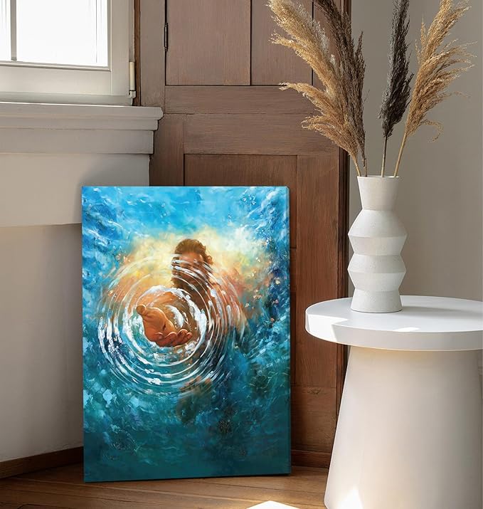 Framed Jesus Christ Canvas Wall Art The Hand of God Jesus Reaching Into Water Christian Painting Prints Biblical Wall Decor Religious Room Decor for Church Prayer Room Schools Hospitals 12" x 16"