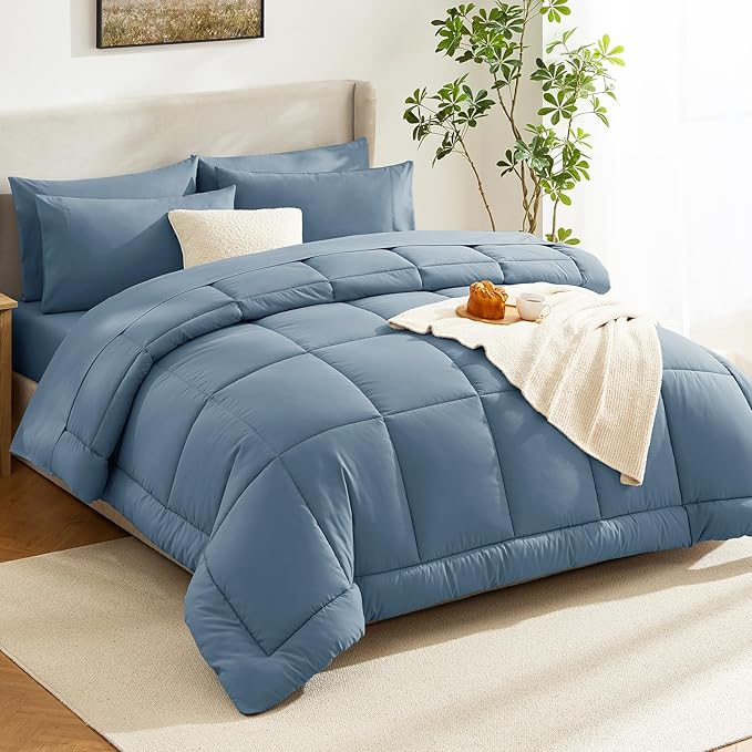 CozyLux Full Size Comforter Sets Mineral Blue, 7 Pieces Bed in a Bag, Blue Comforter Full Size, All Season Bedding Sets with Stitch Quilted Comforter, Flat Sheet, Fitted Sheet, Pillowcases