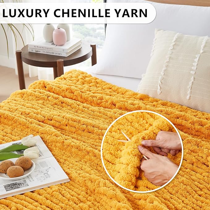 L'AGRATY Chunky Knit Blanket Throw - Soft Chunky Throw Blanket 60x80: 100% Hand Kintted Chenile Crochet Throw Blanket for Couch - Large Cable Knit Chunky Blanket for Home Decor(Mustard Yellow)