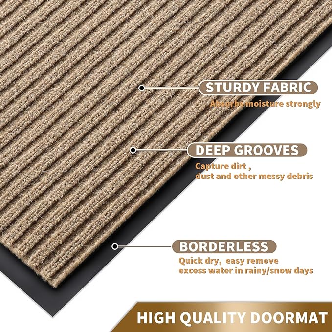 Yimobra Front Door Mat Outdoor Indoor Entrance, 100% Waterproof All-Season All Weather Doormat, Welcome Matt Outside Entry, Non Slip, Low Profile, Heavy Duty Patio Porch Floor Mats,47 x 24,Khaki