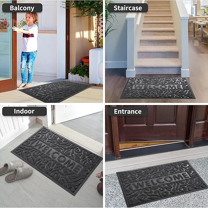 Yimobra Welcome Door Mat Outdoor Indoor, Non Slip Front Doormats, Heavy Duty Rubber Backing, Low-Profile Entrance Mat, Absorbent Resist Dirt, Easy Clean Patio Garage Floor Mats, 29.5 x 17, Grey