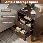 Nightstands with Charging Station, Modern Fluted 2 Drawers End Tables, Side Tables with Storage Shelf for Bedroom, Office, Walnut