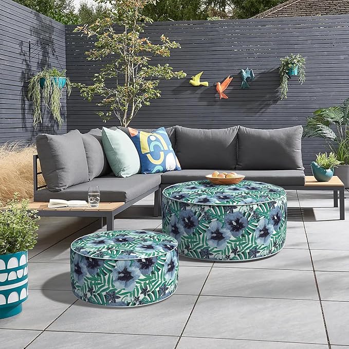 Inflatable Ottoman Stool D31 xH14 for Outdoor/Indoor Use, Water Repellent Patio Foot Rest with Portable Handle,Round Pouf Ottoman Suitable for Garden,Deck and Camping - Blue Salmone Tropical