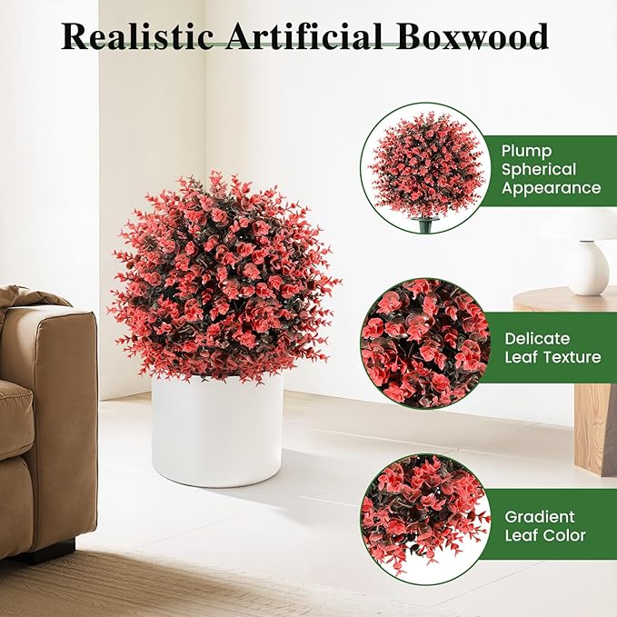Lewondr Artificial Boxwood Topiary Ball Trees, 22.83'' Fake Plants Outdoor with Ground Spike, Set of 2 UV and Fade Resistant Faux Greenery Shrubs for Outdoor Indoor Front Porch Garden, Red