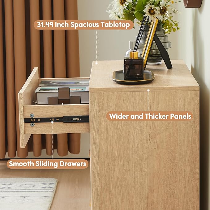 Fluted Dresser for Bedroom with 3 Drawers, 31.5" Wide Modern Chest of Drawers with Metal Handle, Large Storage Dresser, Wood Closet Clothes Storage Organizer for Nursery Living Room, Hallway,Natural