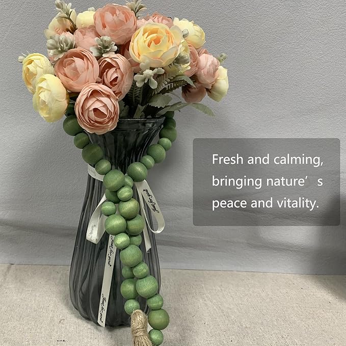 Handcrafted Farmhouse Wooden Decorative Beads Garland, Table Tray Boho Wood Beads with Tassel, Small Rustic Antique Decor for Home and Events (Sage Green)