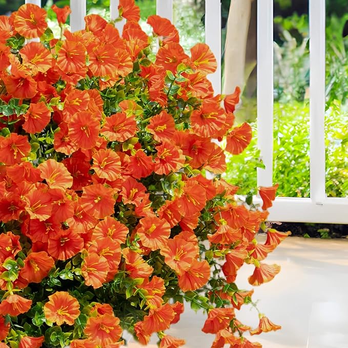 Artificial Flowers for Outdoor Decoration,16 Bundles Fake Silk Realistic Orange Morning Glory UV Resistant Faux Plastic Plants for Planter Porch Patio Yard Balcony(Orange Red)