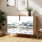 SIGNWIN Sideboard Buffet Cabinet, Kitchen Storage Cabinet with 2 Doors, Pastel Blue Mountain Range, Cupboard Console Table for Dining Room - 35" L x 18" W x 29" H