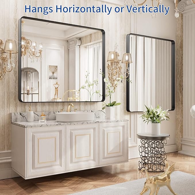 WEER 36X30 Inch Black Metal Framed Bathroom Mirror, Matte Black Bathroom Vanity Mirror, Rectangular Black Wall Mirror for Bathroom, Tempered Glass, Rounded Corner, Hangs Horizontal or Vertical