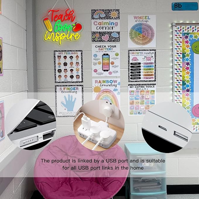 WLHOPE Teach Love Inspire Neon Sign Dimmable Led Signs for classroom Wall Decor Neon Lights USB Powered Acrylic Board Sign for study room bedroom teacher's day kids gift Decoration12.6 * 14.17 inch