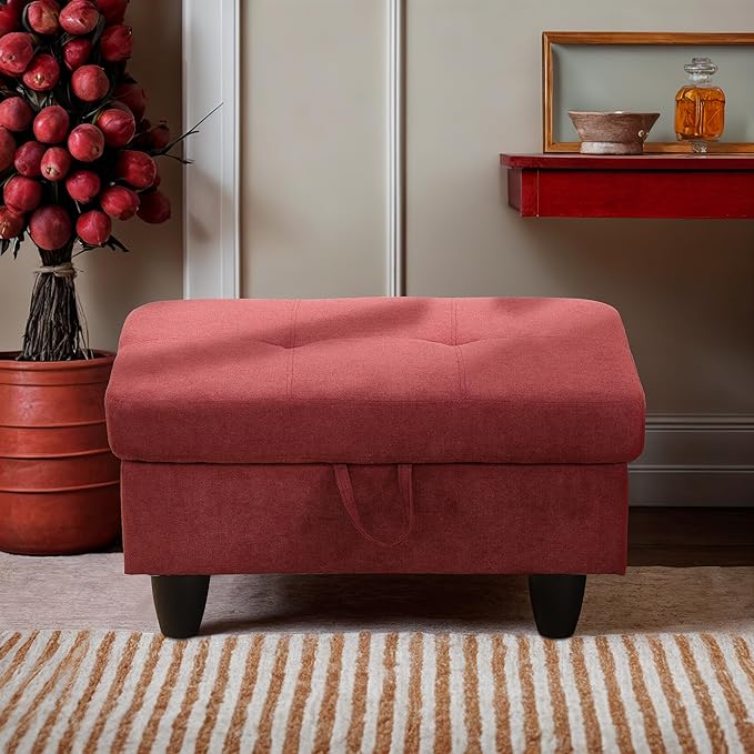 Ottoman Rectangular Storage Ottoman Bench, Flannel Footrest Stool Footstool with Lid for Living Room, Bedroom, Entryway, Red, 28.5"x19"x17.5"