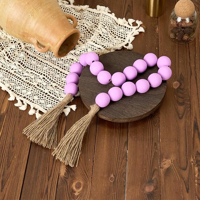 OMISHE Extra Large Wood Bead Garland Purple with 1.6" Diameter Wooden Beads and Tassels, 41" Long Rustic Farmhouse Country Decorative Beads for Home Tiered Tray Decor, Purple