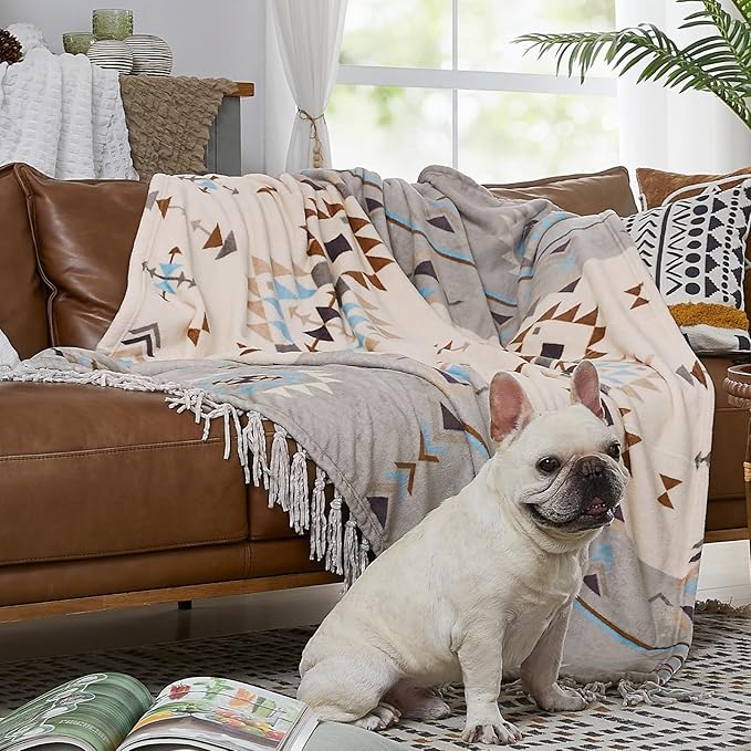 CASAAGUSTO Boho Throw Blanket - Green and Beige Decorative Blankets with Tassel, Printed Flannel Bohemian Blanket for Chair, Bed, Sofa, Couch(50 * 60, Green and Beige)