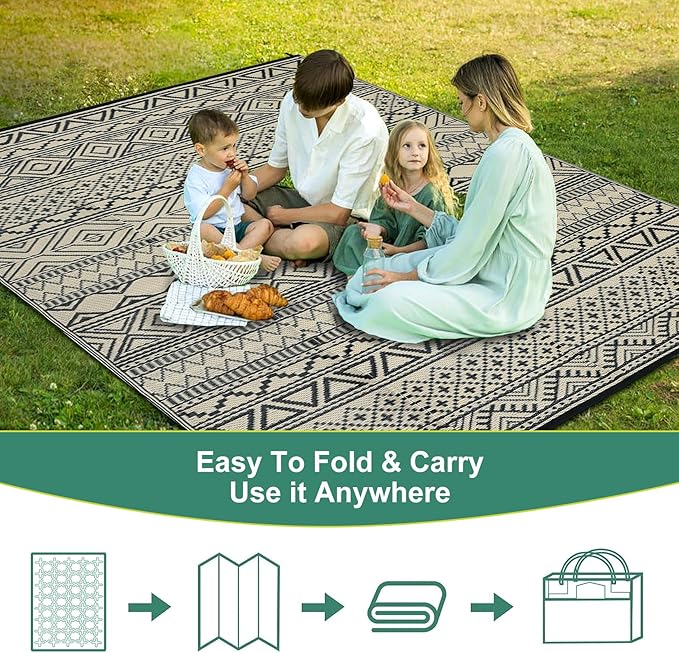 GAOMON Outdoor Rug for Patio 5'x8' Reversible Plastic Rugs Camping Mat for Outdoor, RV, Backyard, Deck, Balcony, Picnic, Beach, Black/Coffee(Bohemia)