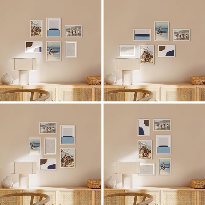 HAUS AND HUES White Oak Wood Gallery Wall Tabletop Frames Made with Real American Oak and Shatter-free Plexiglass - Set of 6 (Four 4x6, Two 5x7, Framed White)