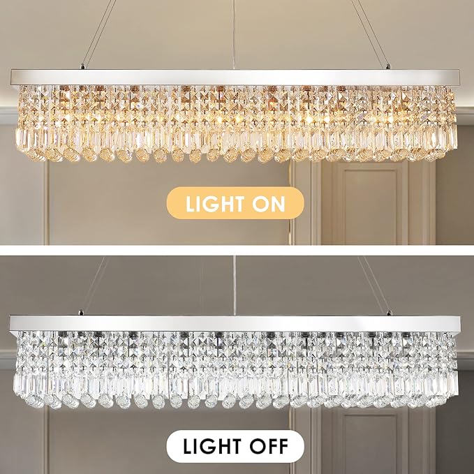 Siljoy Modern Rectangular Crystal Chandelier, 47" Rectangle Raindrop Hanging Ceiling Pendant Light Fixture Adjustable Height for Kitchen Island Dining Room, Polished Chrome Finish, L47 x W10 x H10